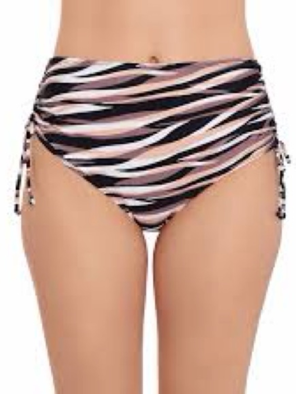 Ruched High-Waist Swim Bottoms in Black, Tan & White Stripe various sizes